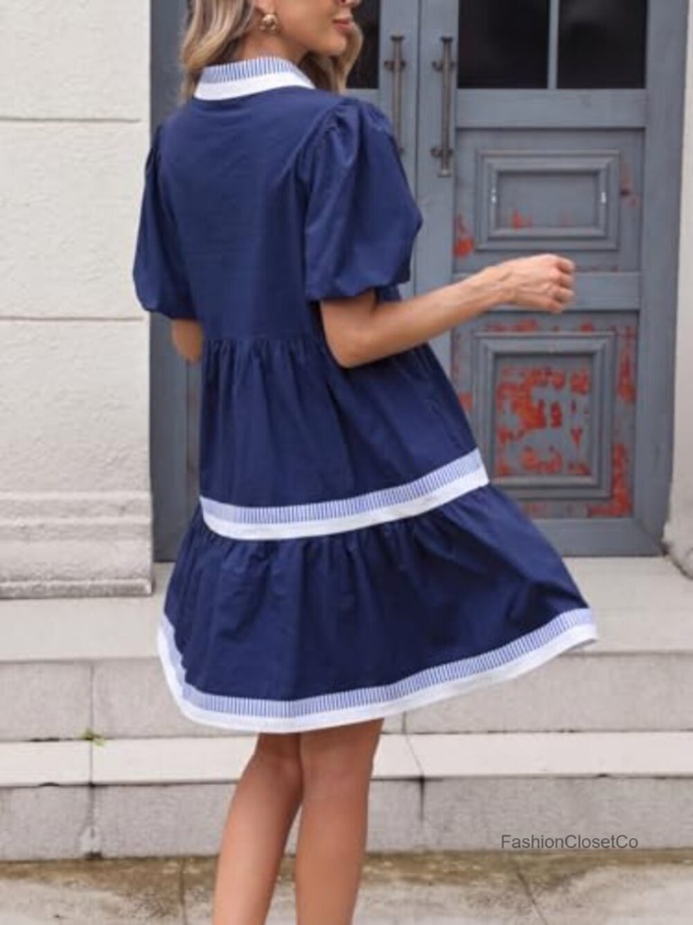 Puff Sleeve Babydoll Dress V Neck Striped Tiered Mini Dress - Picture 3 of 7
